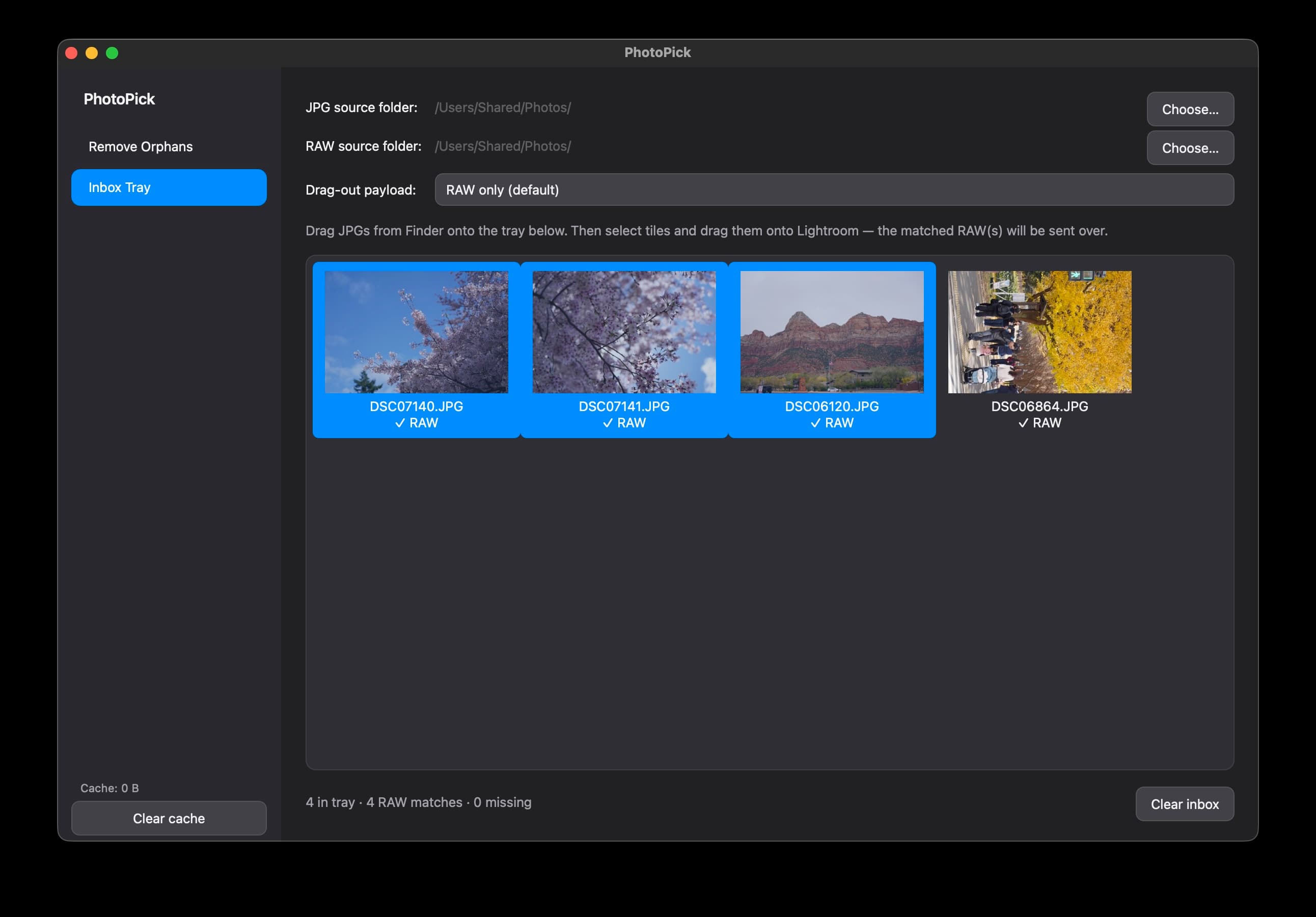 PhotoPick — Inbox Tray view with JPG picks ready to move