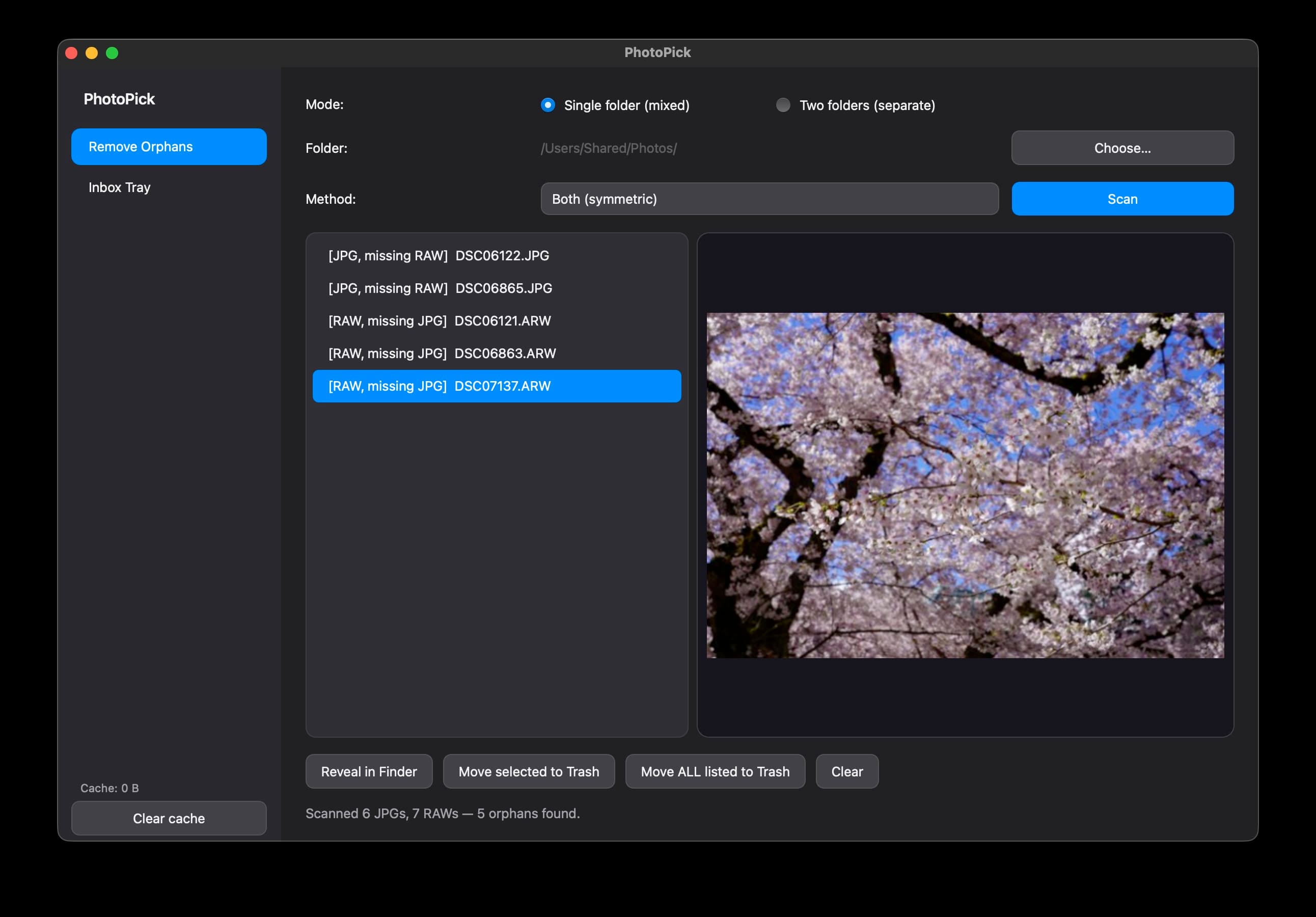 PhotoPick — Remove Orphans view showing unpaired files ready to trash